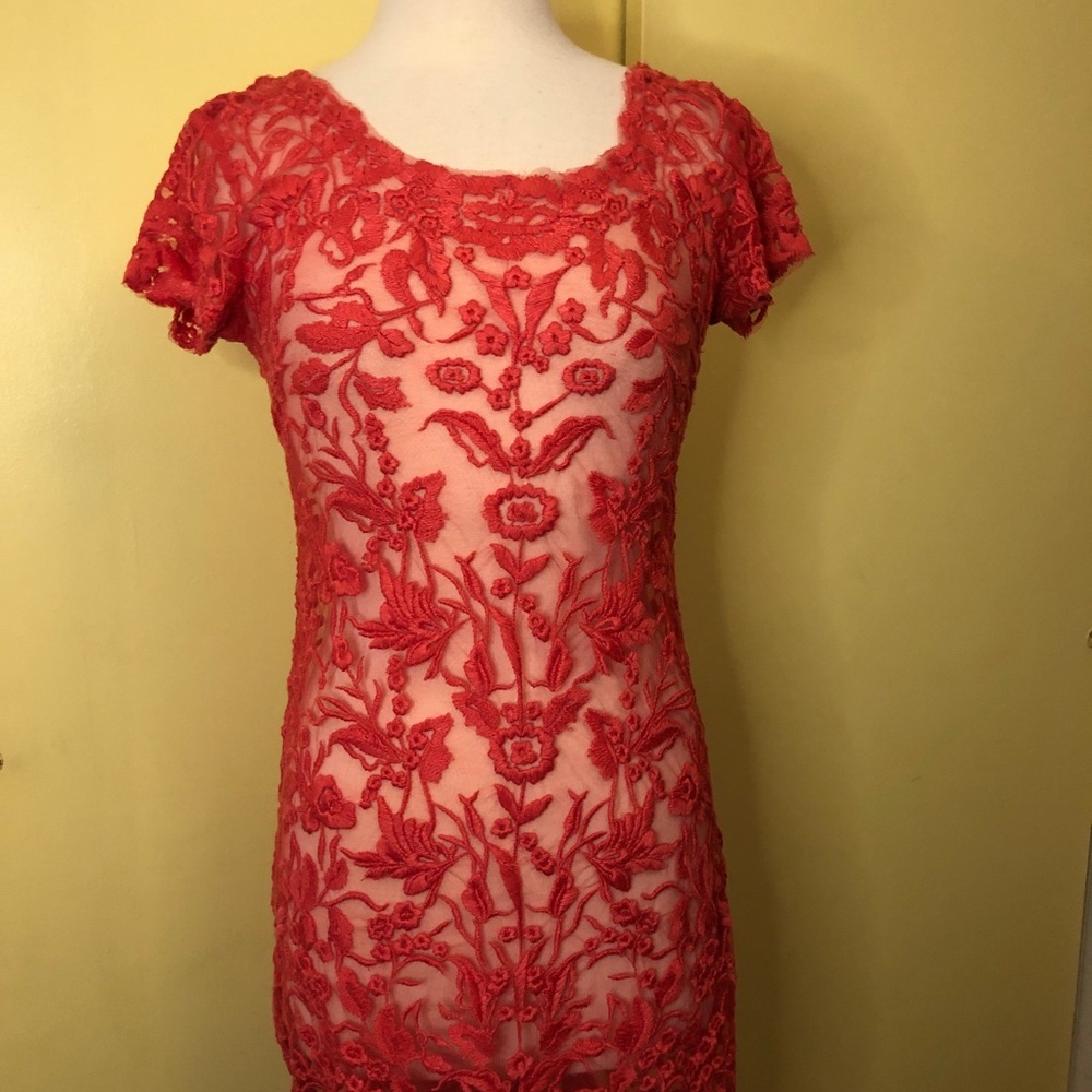 Candela Aurelie dress in Coral Floral Lace Midi Dress.